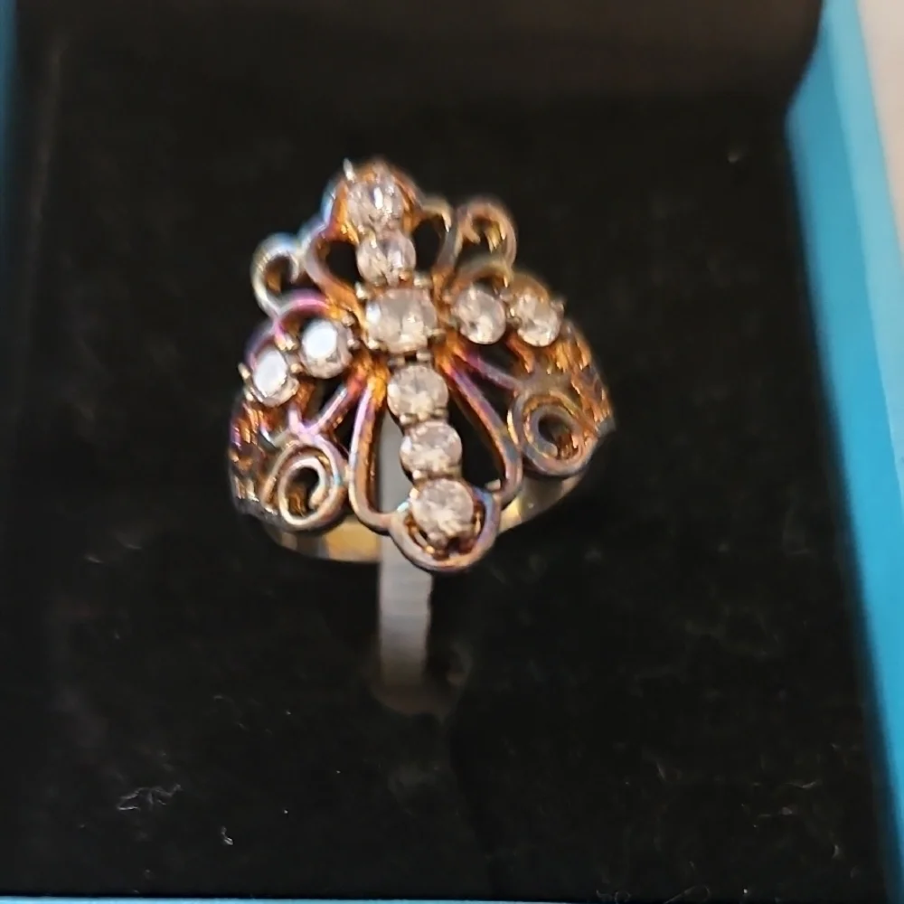 Argento Reale Womens Rhinestone Cross Bronze Tone Floral Design Ring Size 6